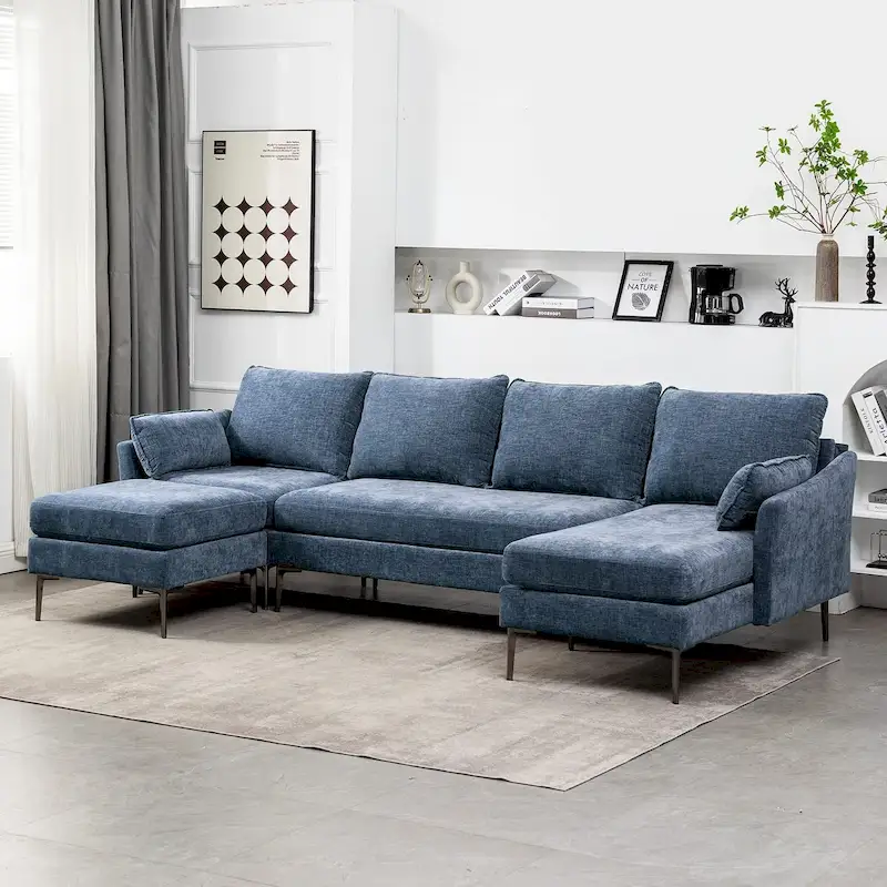 U-Shaped 6-Seat Sectional Sofa, Reversible Sleeper in Modern Chenille Design, with Chaise Lounge and Ottoman