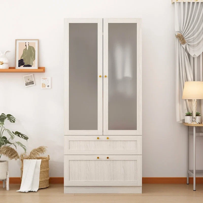 Large Frosted Glass Wardrobe with Soft-Close Hinges | MDF Construction | Light Gray Wood Grain | Gold Handles | Customizable Walk-In Closet