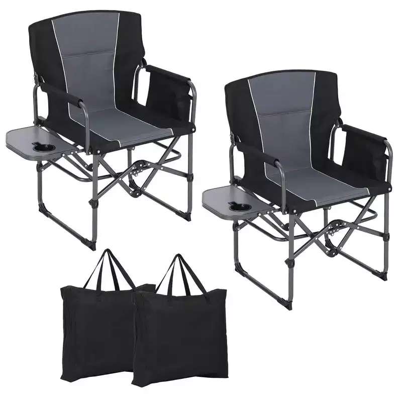 2 Pcs Oversized Folding Director Camping Chair, Portable Outdoor Chair with Aluminum Side Table & Pocket, Support 400 LBS Frame, for Lawn, Black