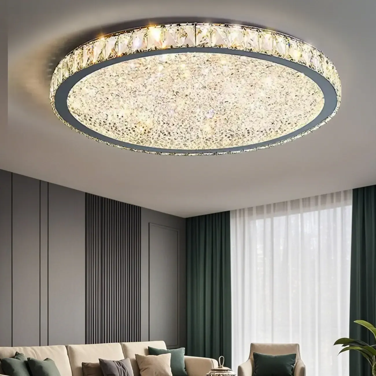 Luxury Circular Crystal Flush Ceiling Light for Living Room