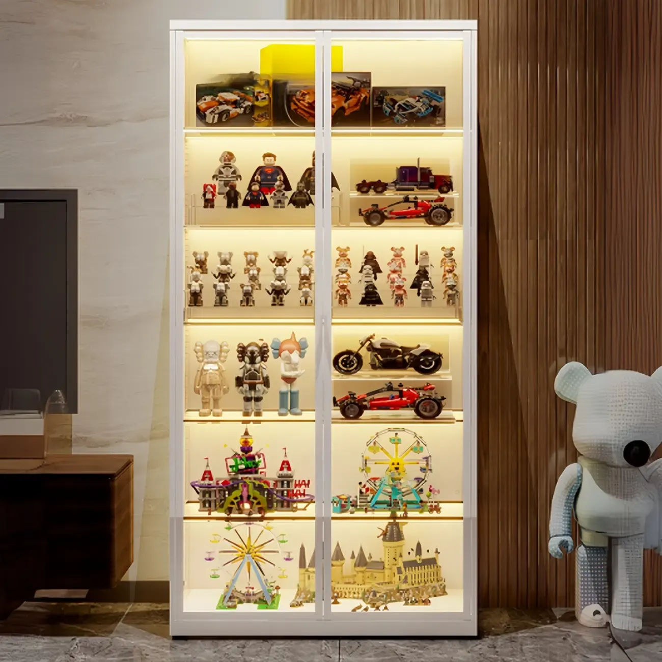 Freestanding Modern Metal Glass LED Lighted Curio Cabinet