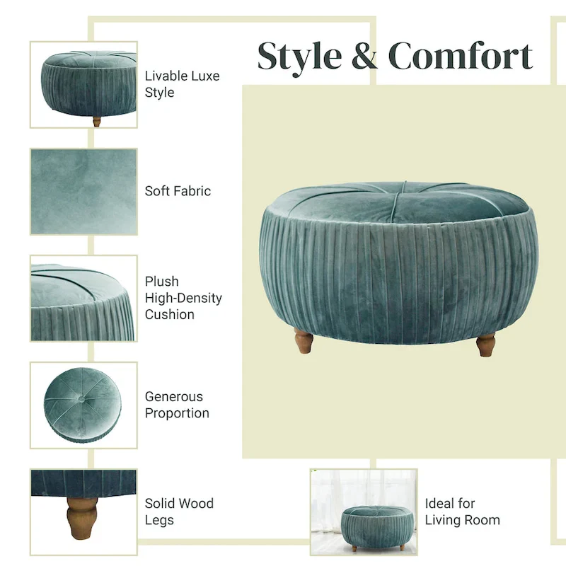 Velvet Round Ottoman with Pleated Design