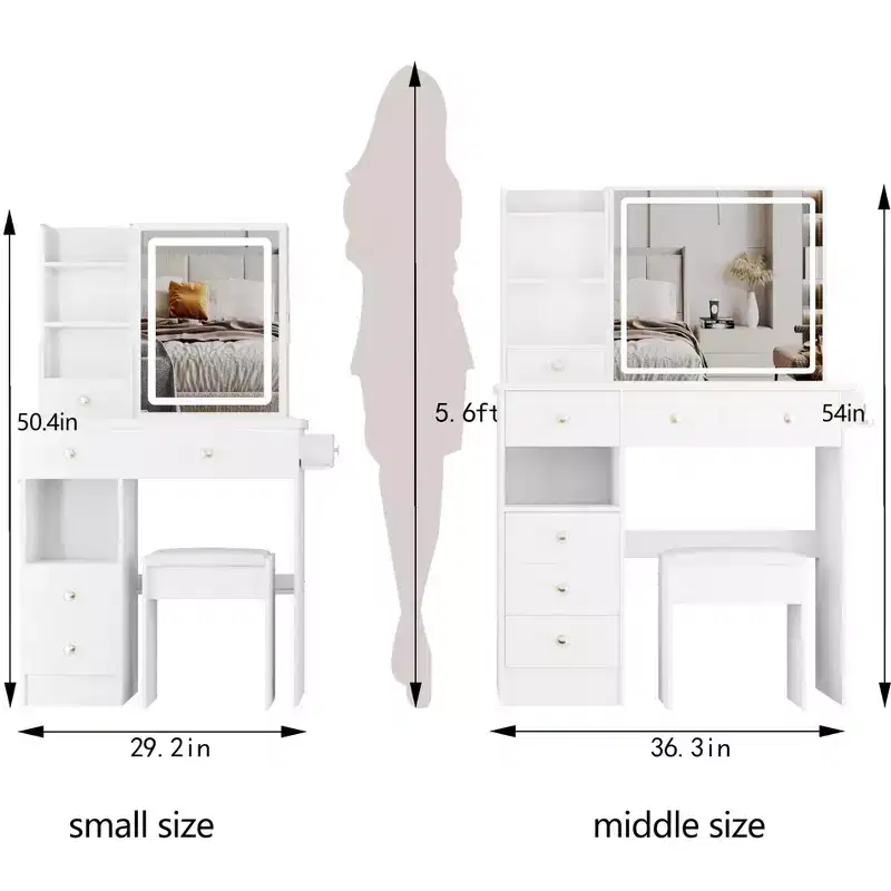 Okak Vanity Tables and Stool Set with 2 AC+2 USB Power Station,Dressing Table with Hair Dryer Bracket and Touch LED Mirror,White