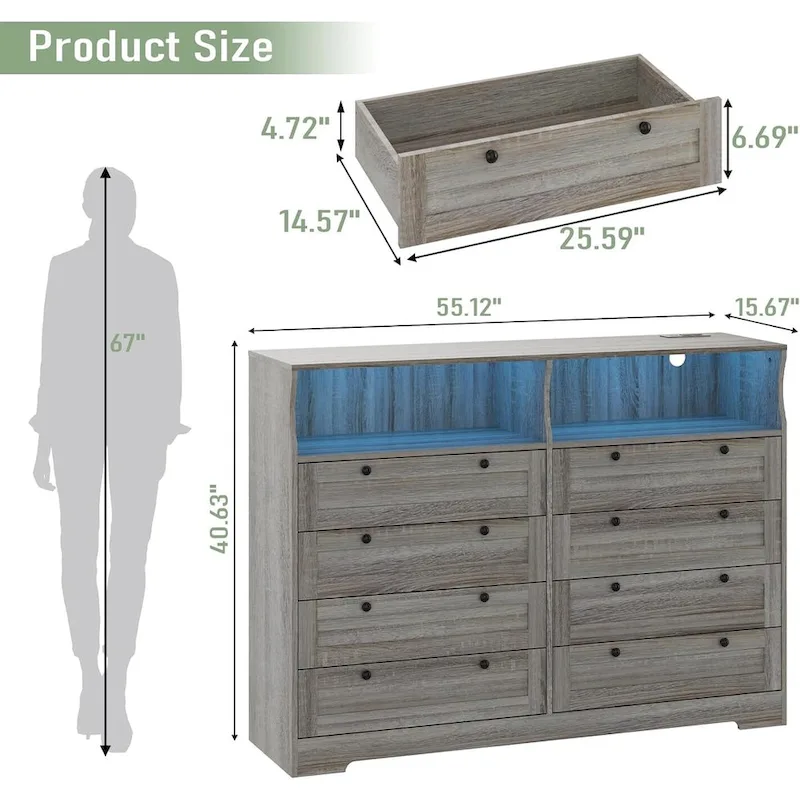 Modern Wood Dresser with 8 Drawers, Bedroom Dresser with Charging Station & LED Lights