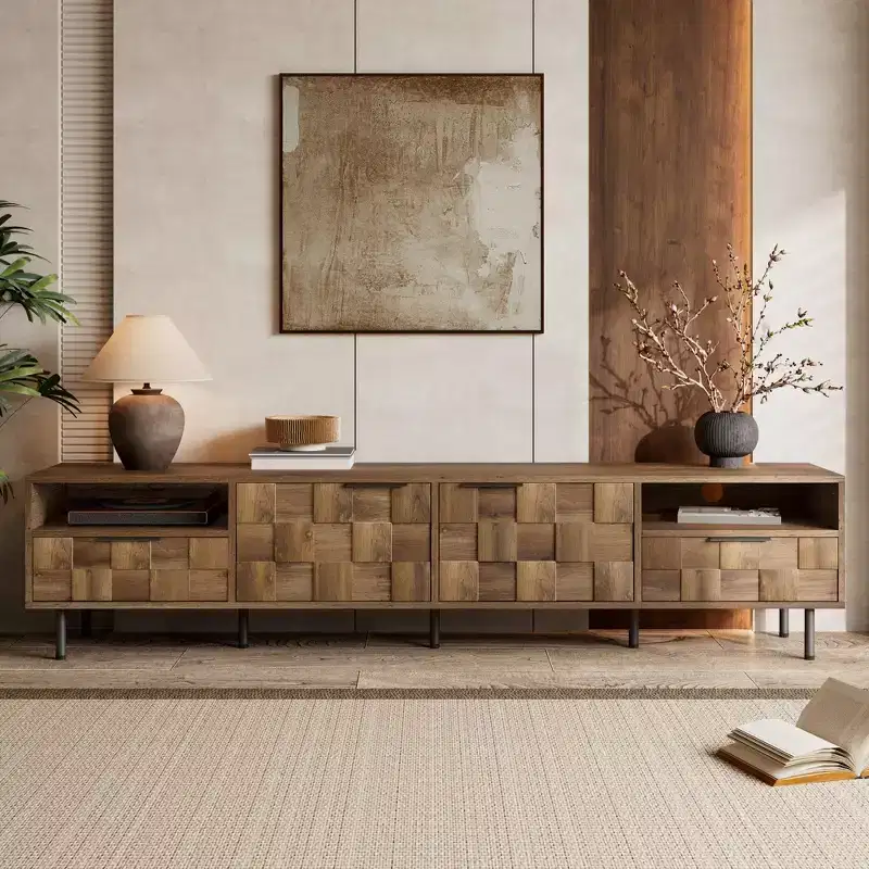 ModernLuxe TV Stand with 3D Woven-Texture Doors, Mid-Century Media Console for TVs up to 85, Large Entertainment Center with Storage, Natural