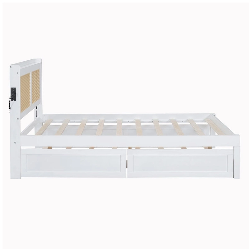 Elegant Bed Frame with Rattan Headboard and Sockets