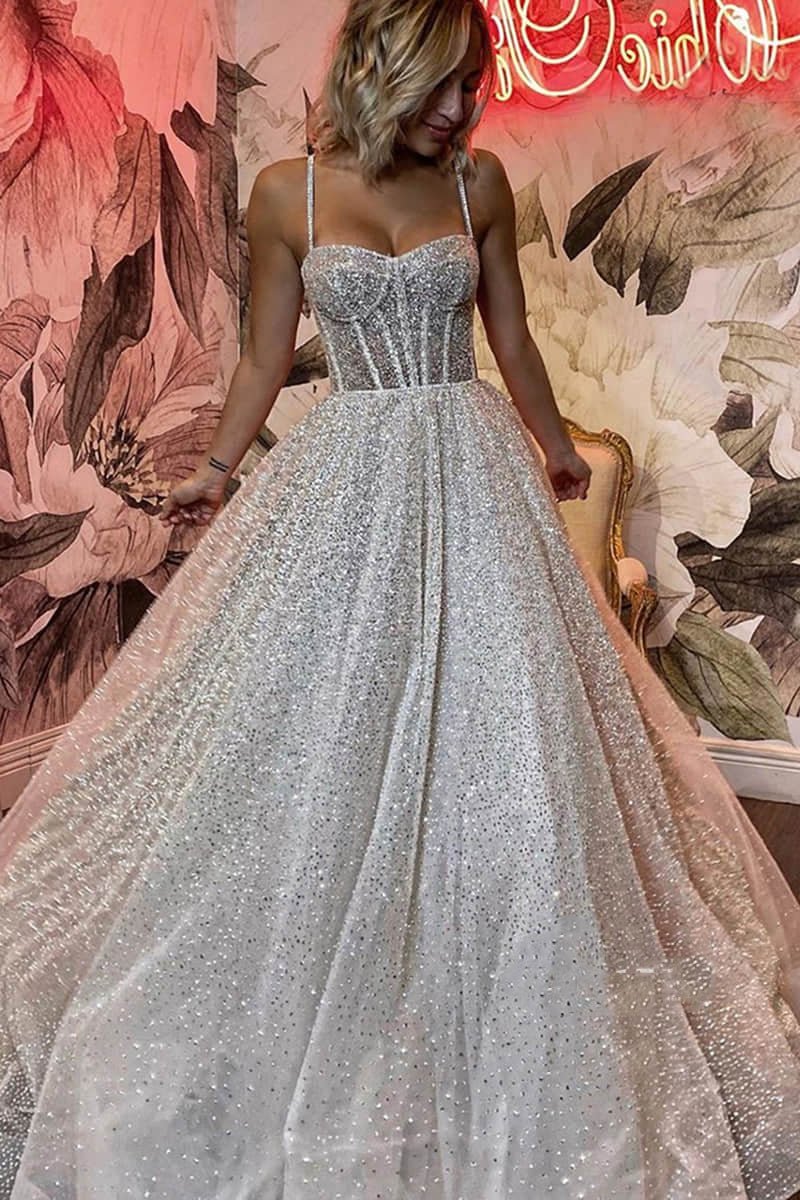 Spaghetti Straps Sequins A-line Sparkly Wedding Dress Bridal Gown