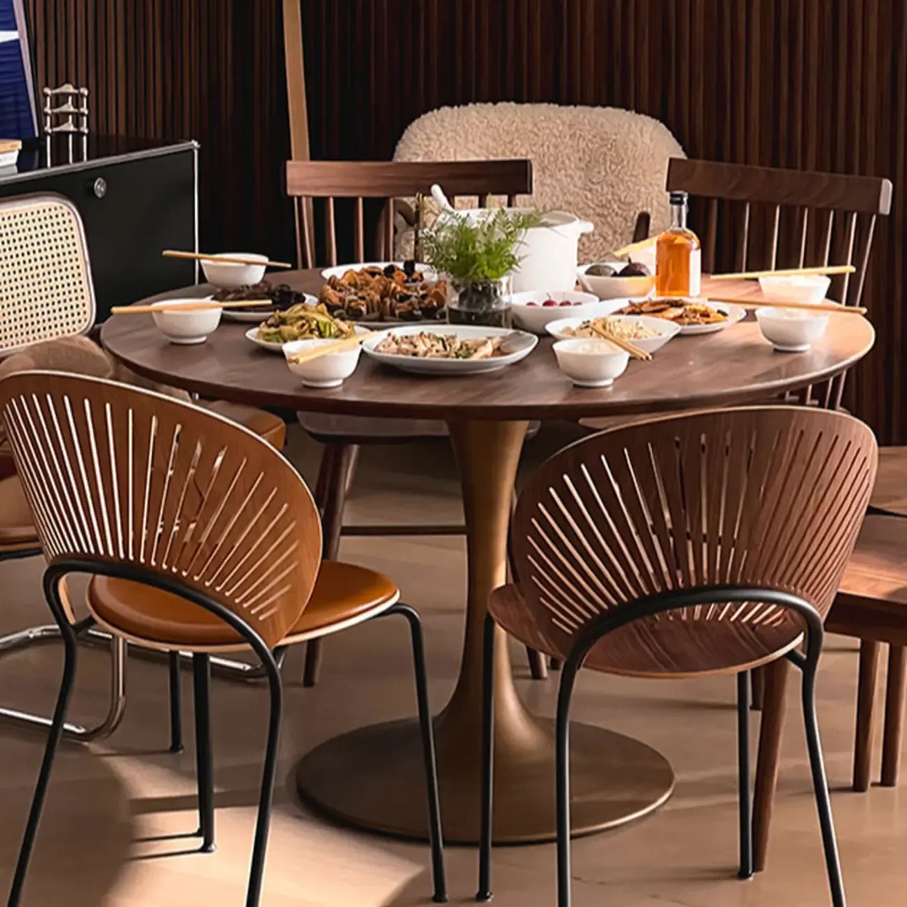 Glam Brown Wood Round Dining Table