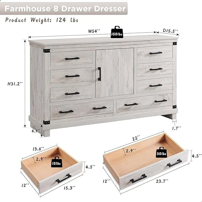 Farmhouse 8 Drawer Dresser, Wood Long Chest of Drawers, Closet Dresser