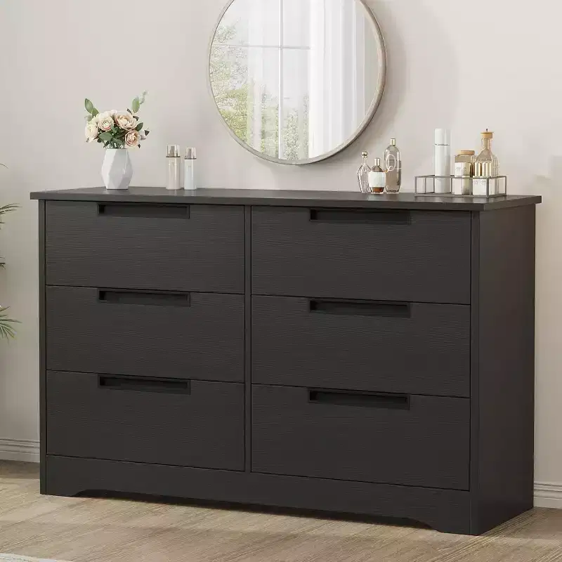 Acekool 6 Drawer Dresser for Bedroom, Modern Black Wide Storage Organizer Chest, Embedded Handles, Wooden Dresser for Living Room, Nursery, Hallway