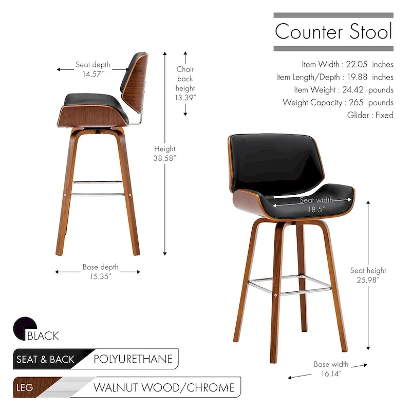 Swivel Counter Stool with PU Leather Seat and Wooden Legs