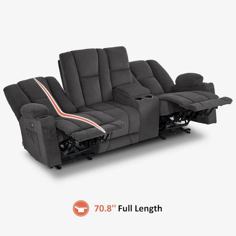 Electric Power Reclining Sofa with Massage and Lumbar Heat, Fabric