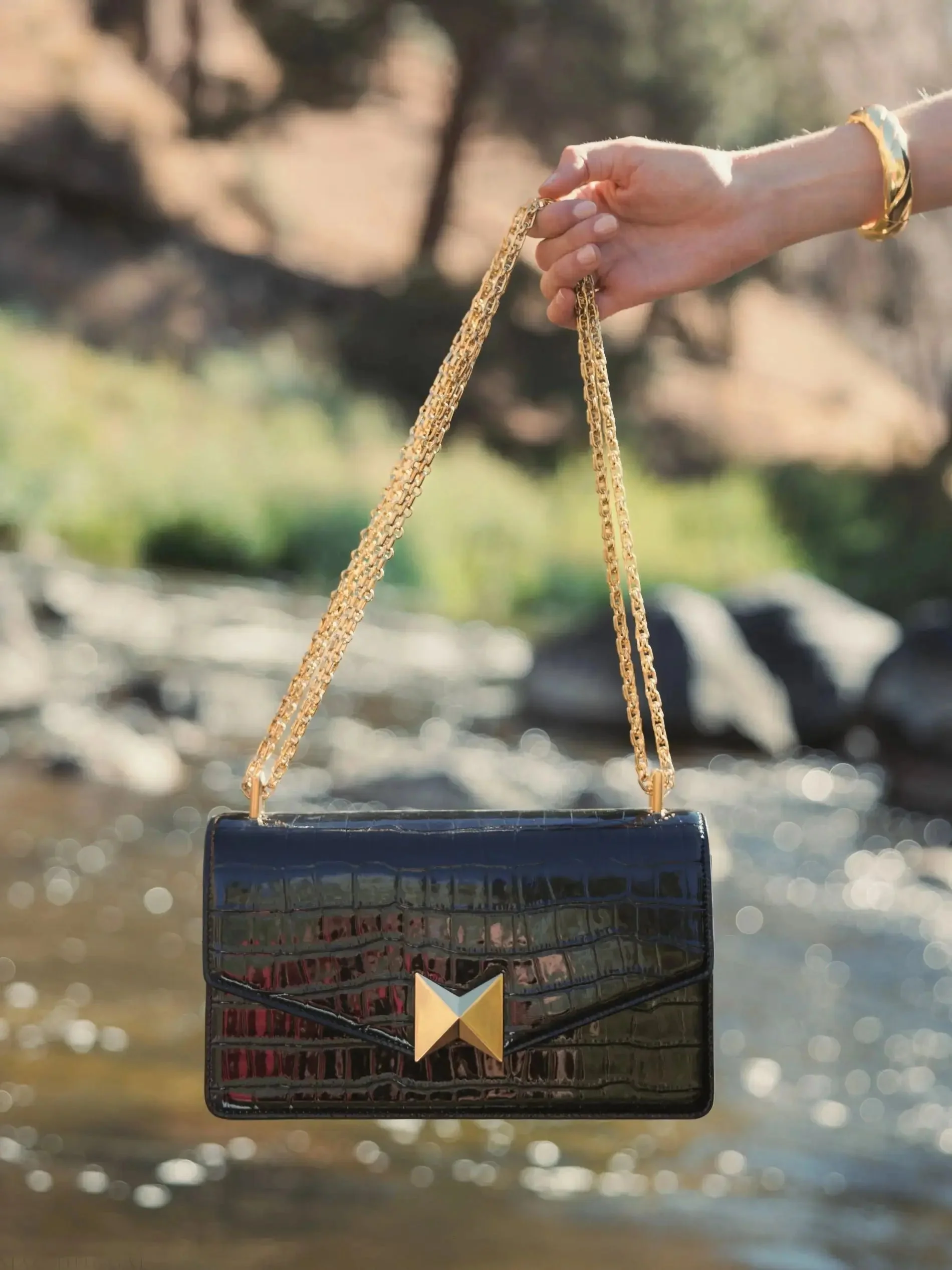 Crocodile Leather Shoulder Bag With Gold Hardware