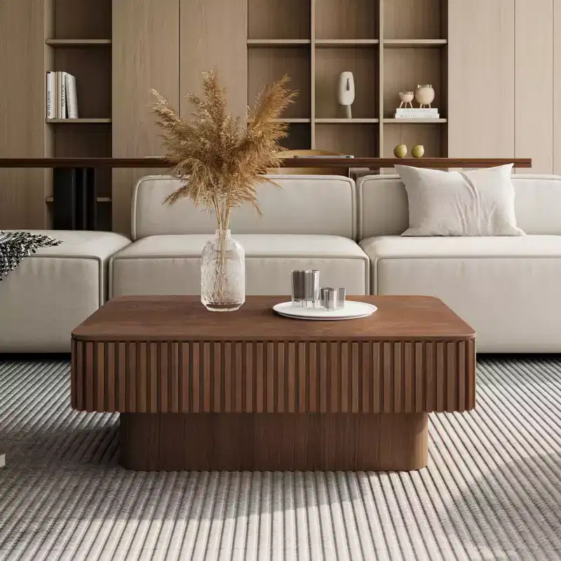 Fluted Lift-Top Coffee Table with Storage, Modern Wood Center Table for Living Room, Walnut