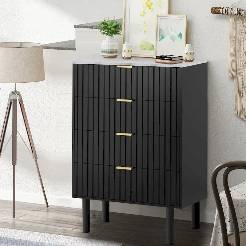 4-Drawer Dresser with Marble Texture Top for Bedroom Storage