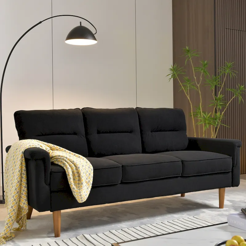 Brown Faux Leather 3-Seater Sofa with Wood Legs