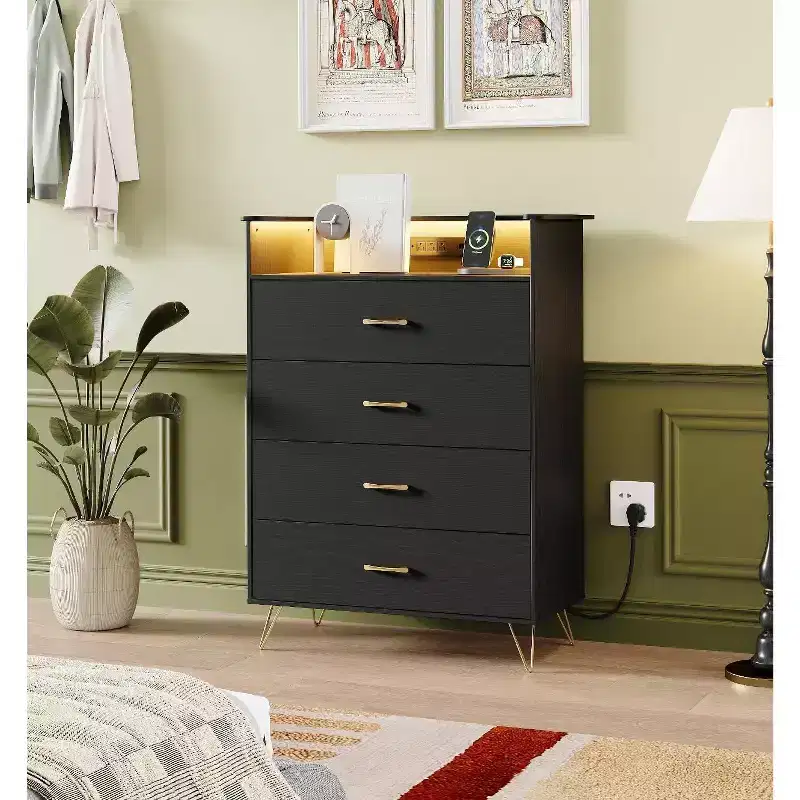 COZONY 4-Drawer Smart Dresser with RGB LED & Wireless Charging, App-Controlled Storage Chest for Bedroom & Living Room