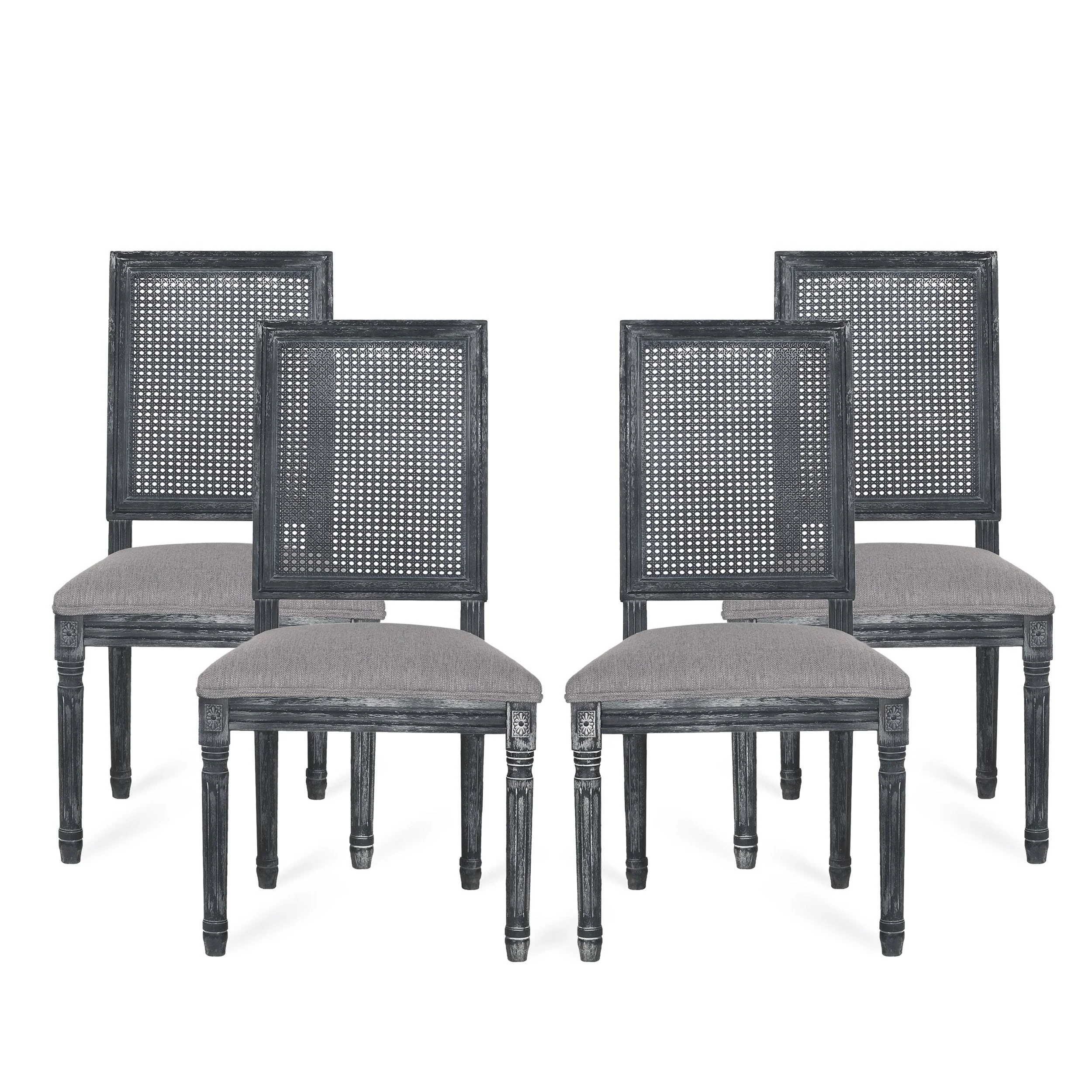 French Country Wood and Cane Upholstered Dining Chair, Set of 4 - NH494513