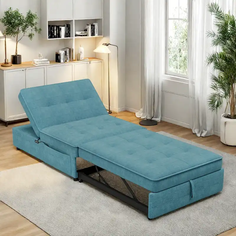 Dark Blue / White / Teal Linen 4-in-1 Convertible Sofa Bed with 5-Level Adjustable Backrest & USB Side Pocket, 3-Person