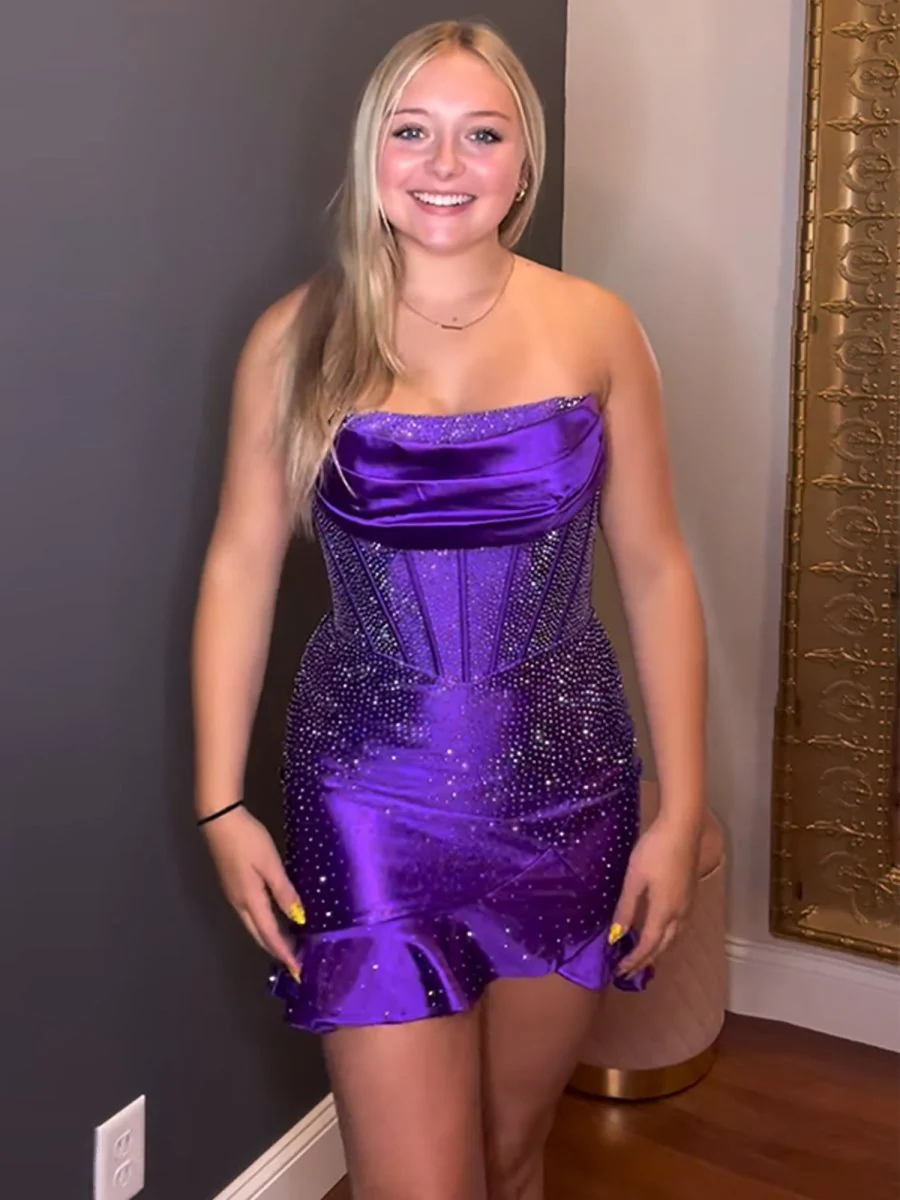 Purple - Strapless Bodycon Satin Pleated Homecoming Dresses With Beading
