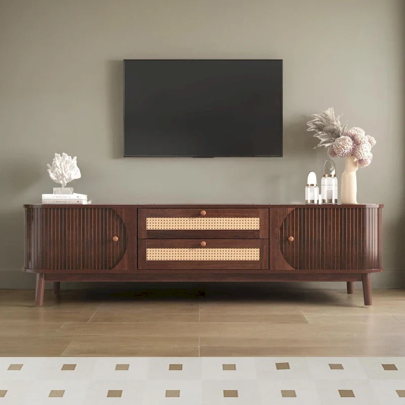 Rattan TV Stand for TVs up to 75Modern Farmhouse Media Console,Entertainment Center with Solid Wood Legs