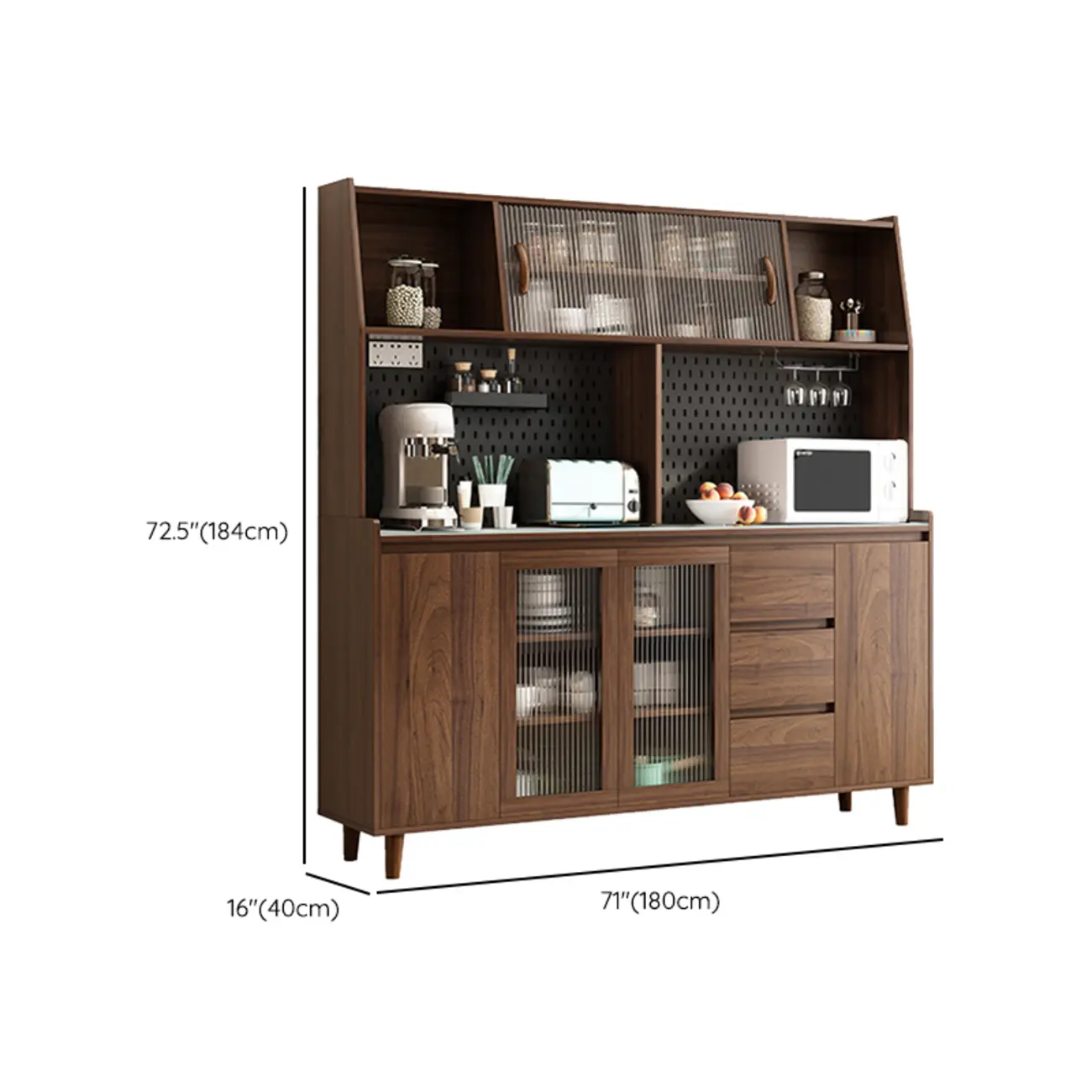 Wide Brown Wooden Pegboard Back Sideboard with Hutch