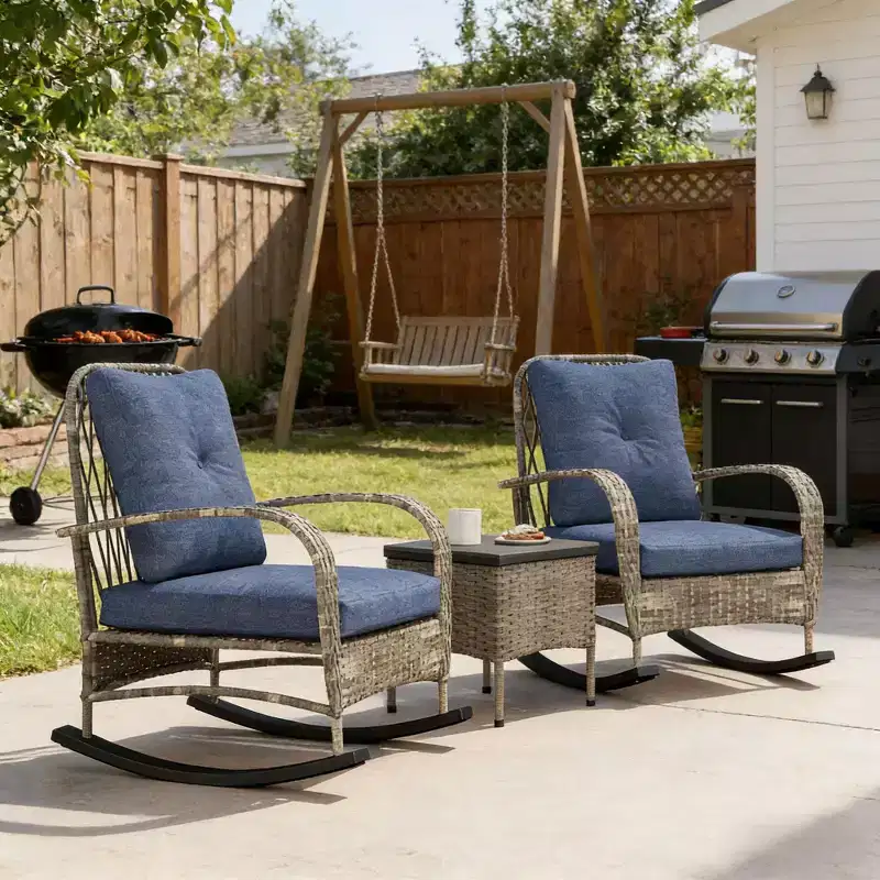 GDFStudio Belmont 3-Piece Patio Bistro Set with Rocking Chairs and Wicker Table
