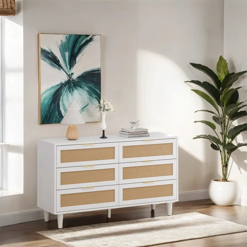 White Rattan 6-Drawer Dresser, Bedroom Storage for 1-2 Person