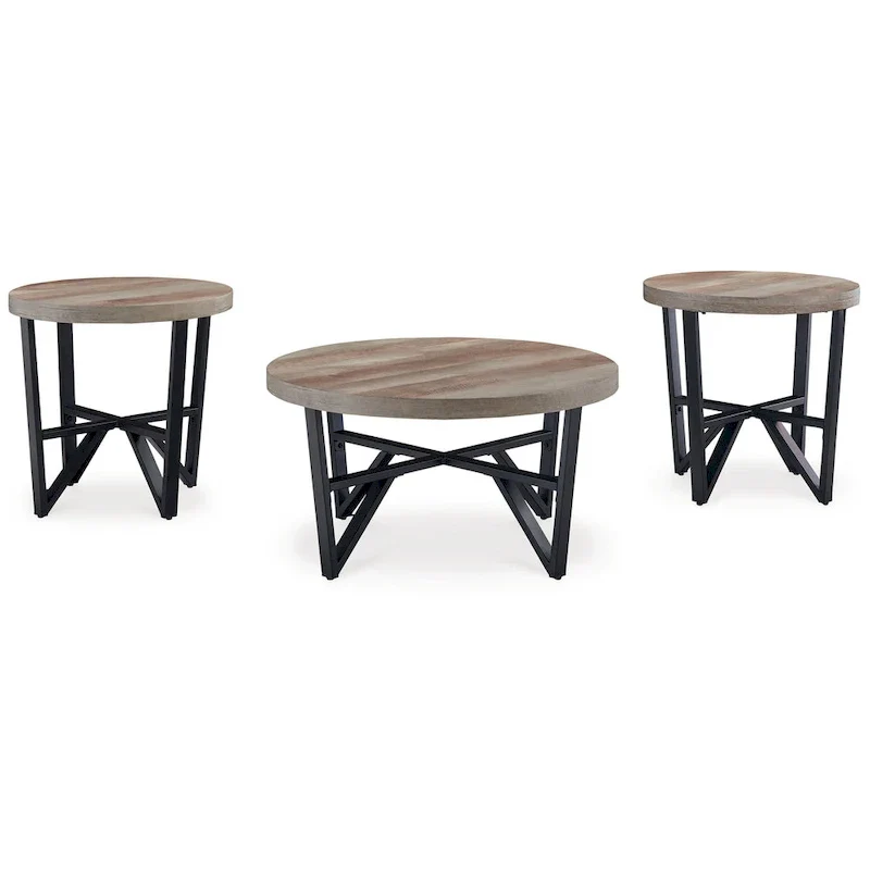 3-Piece Black & Brown Round Top Coffee and End Table Set