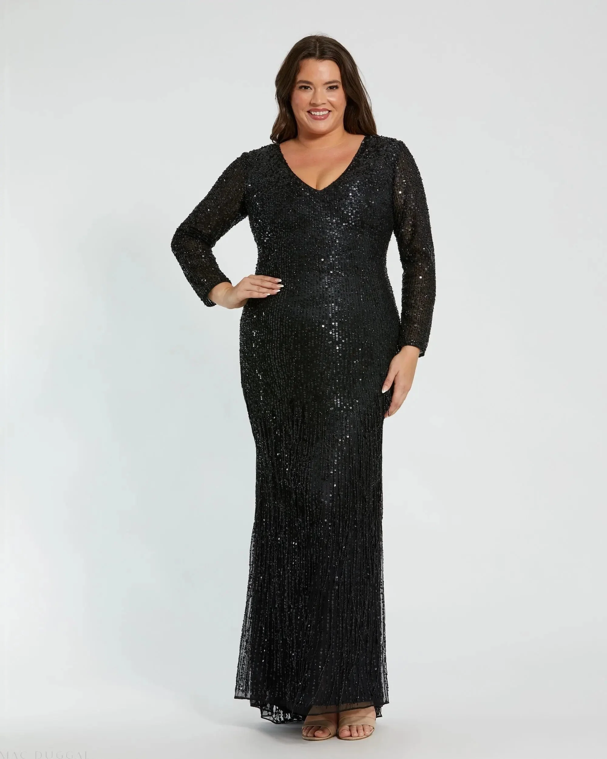 Black Long Sleeve V-Neck Beaded Fringe Gown