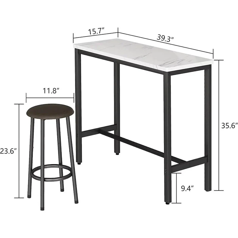 3 Piece Kitchen Pub Dining Set, Modern Faux Marble Counter Height Bistro Bar Table Set with 2 PU Leather Bar Stools