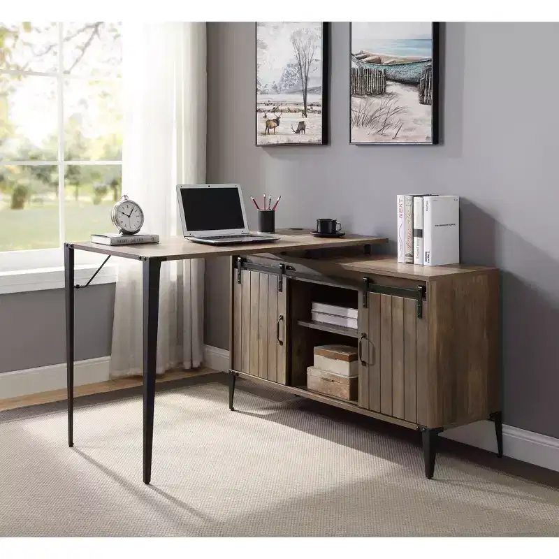 TUYOHW 48 L-Shape Writing Desk,Modern Computer Desk with Sliding Barn Door Storage,Cord Management,Metal Legs,Study Desk for Home Office