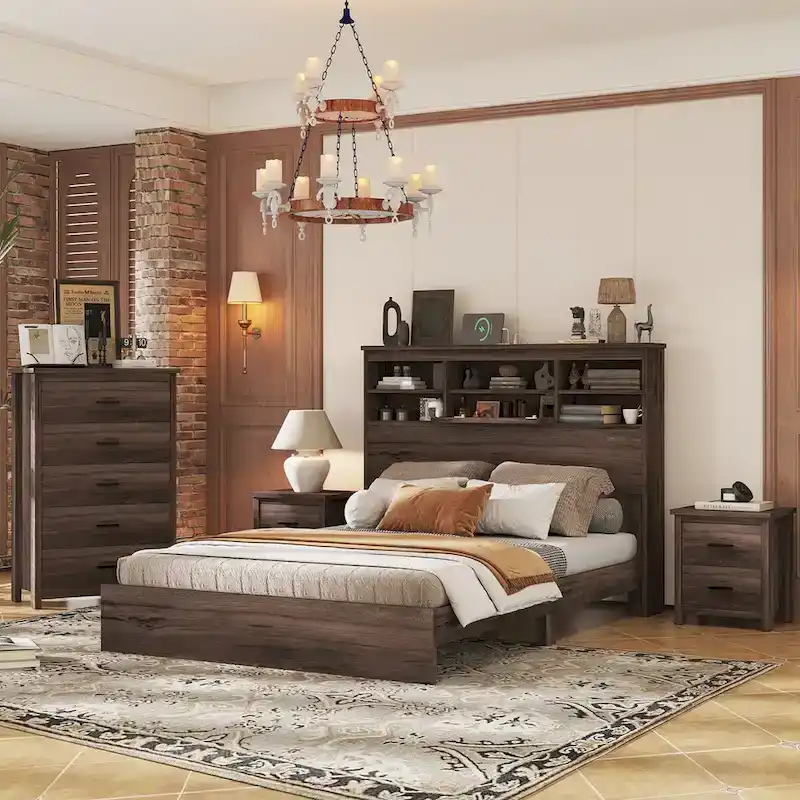 4-Pieces Bedroom Sets Queen Size Wooden Bed with 2 Nightstands and 1 Dresser