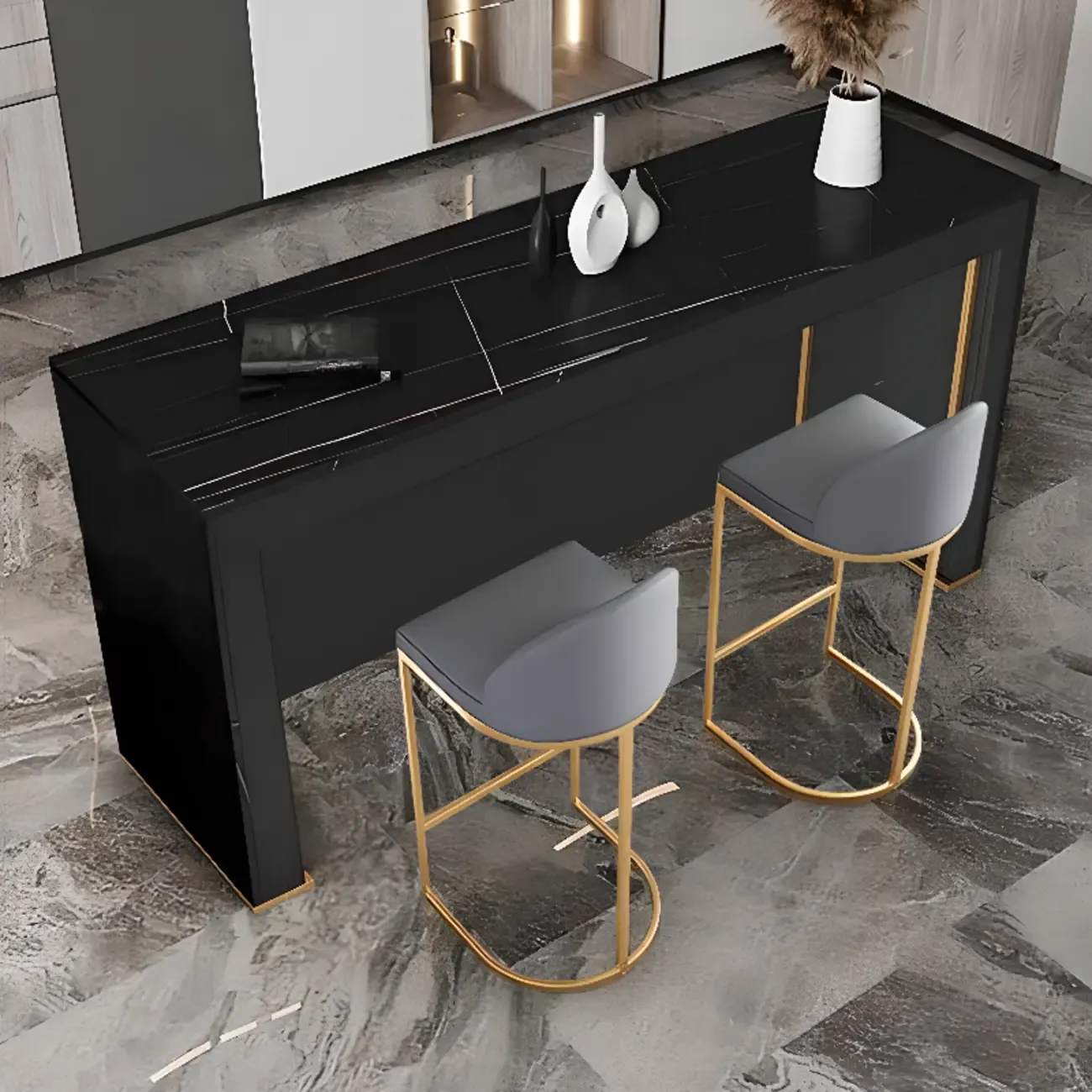 Modern Black Stone Top Bar Height Table for Kitchen