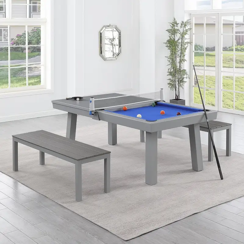 Newport Outdoor Patio 7ft Slate Pool Table Dining Set with 2 Benches & Accessories, Cement Finish