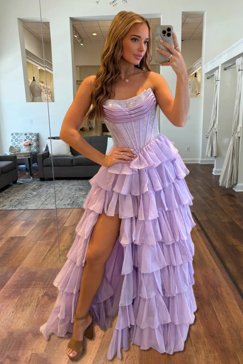 Lavender - A Line Strapless Chiffon Beaded Corset Long Prom Dress With Slit