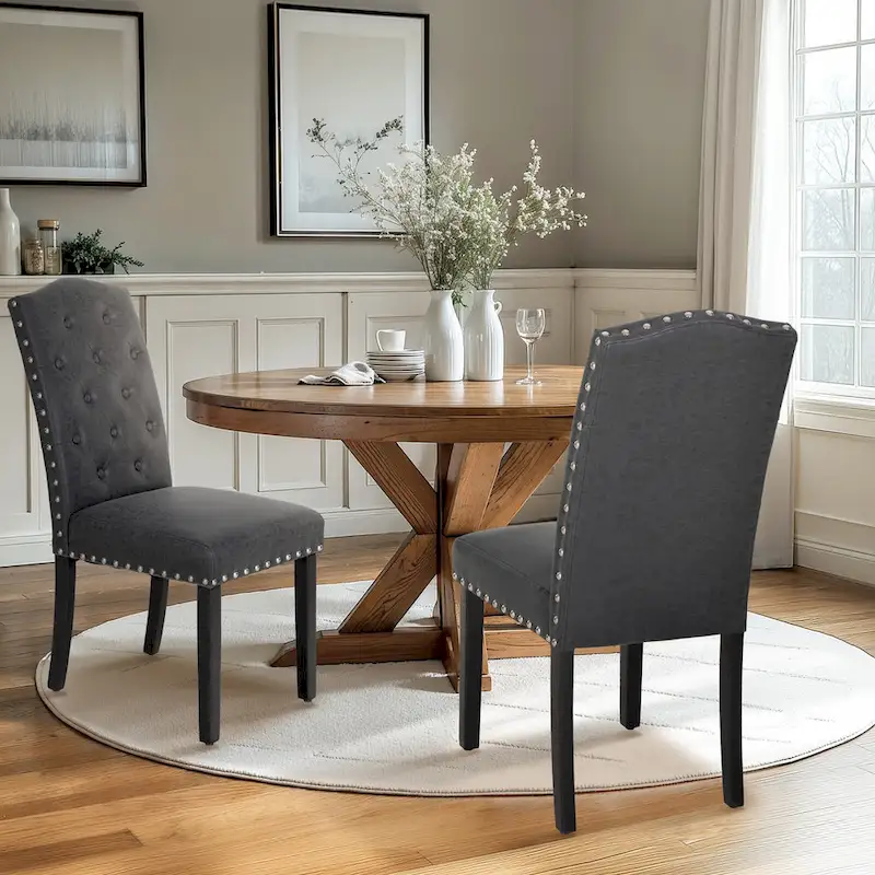 Set of 4 Upholstered Faux Leather/Fabric Dining Room Chairs with High Back and Solid Wood Legs