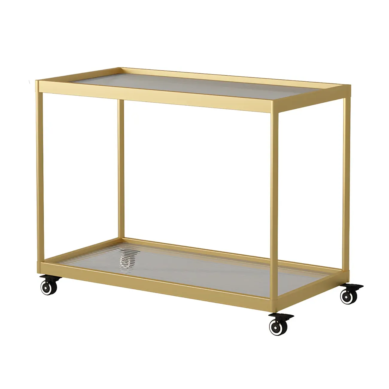 Gold Glass Rectangular Top Shelf Side Table on Wheels