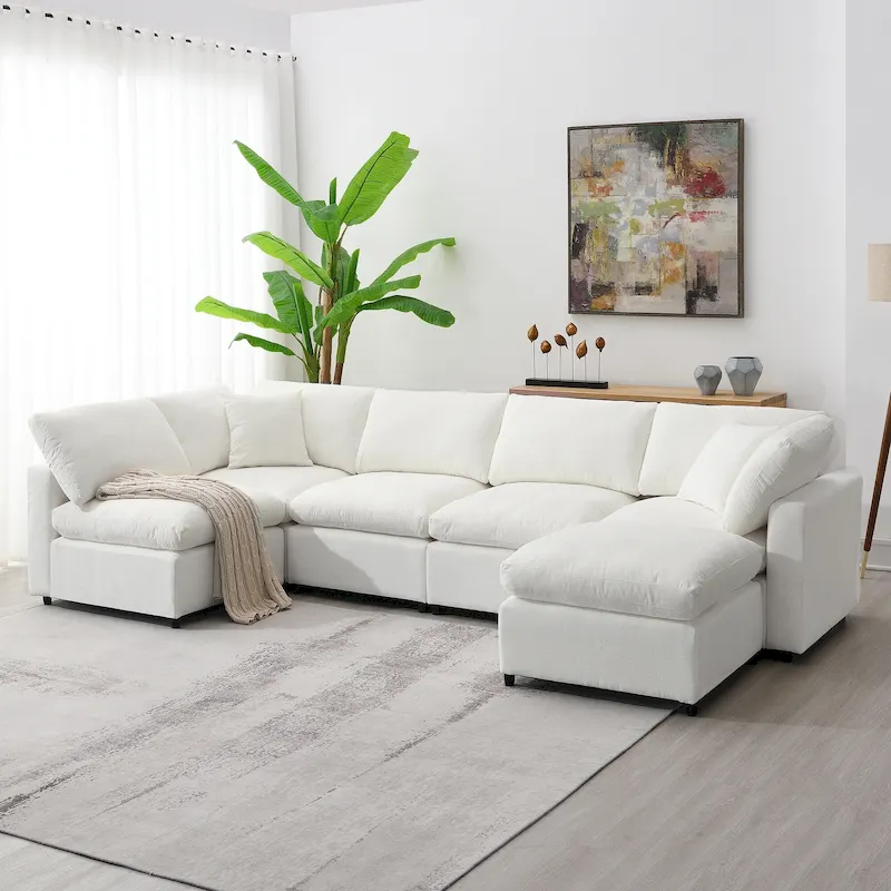 Beige 130 Chenille U-Shaped Sleeper Sectional Sofa, Modular Design