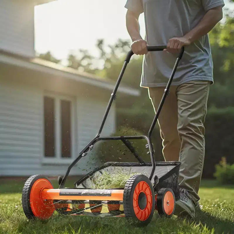 VEVOR Push Reel Lawn Mower 18 inch, 5 Blades Manual Push Mower No Motor, 1.37-2.44 in Adjustable Cutting Height, Orange&Black