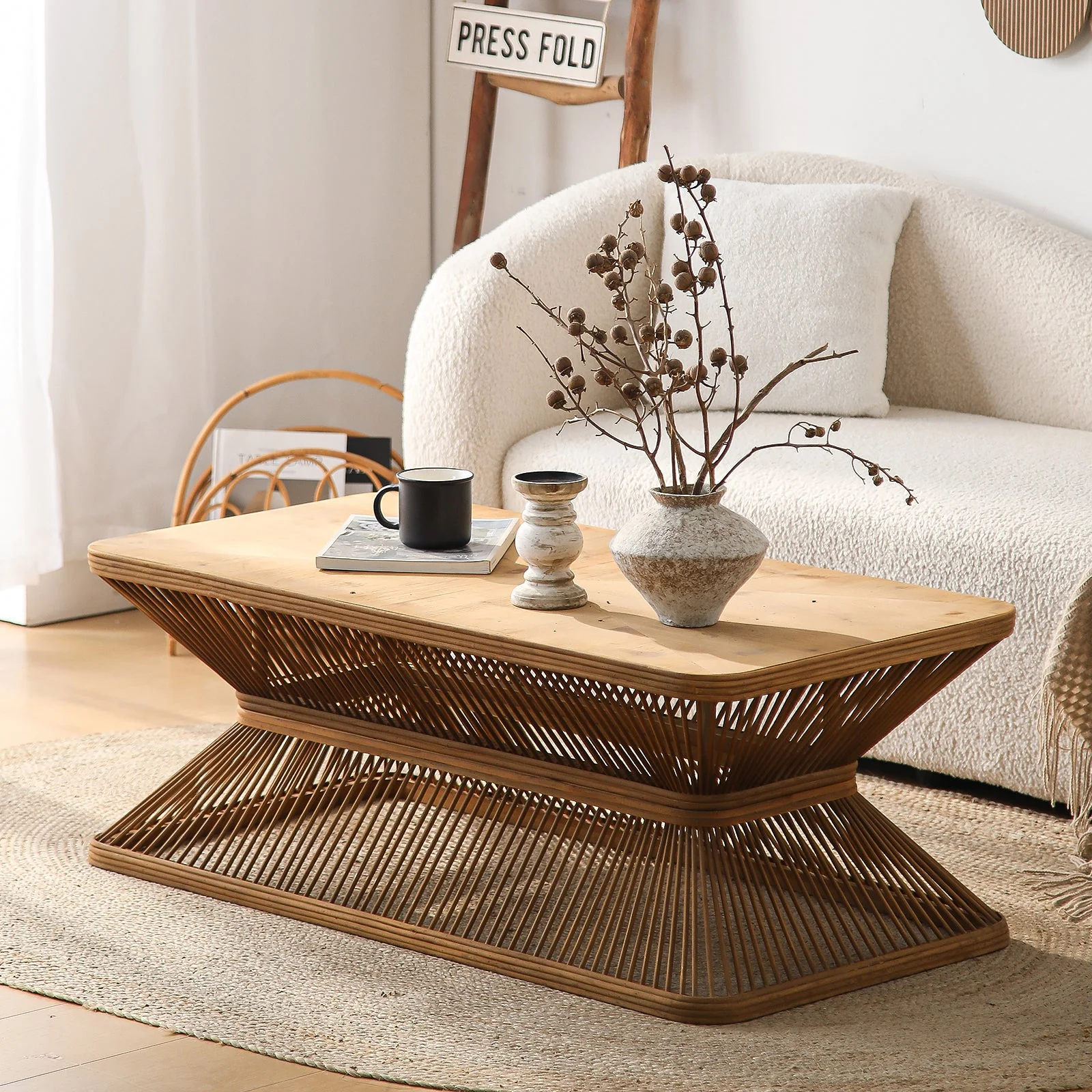 Mid-Century Woven Bamboo Base Modern Coffee Table