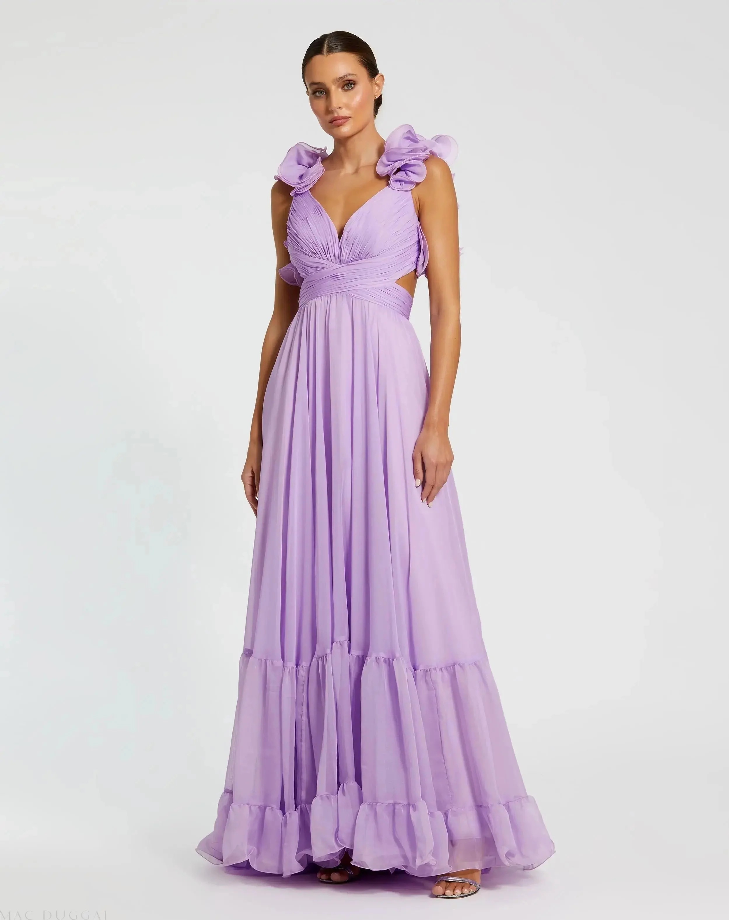 Purple Ruffle Tiered Cut-Out Chiffon Gown