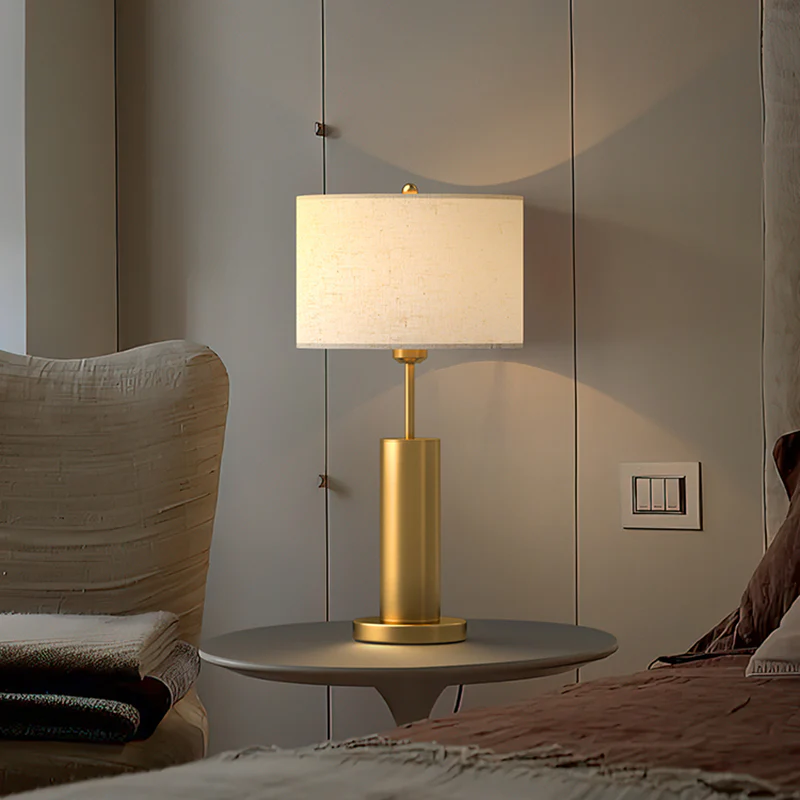 Plug-In Gold Metal Fabric Barrel-Shaped Table Lamp