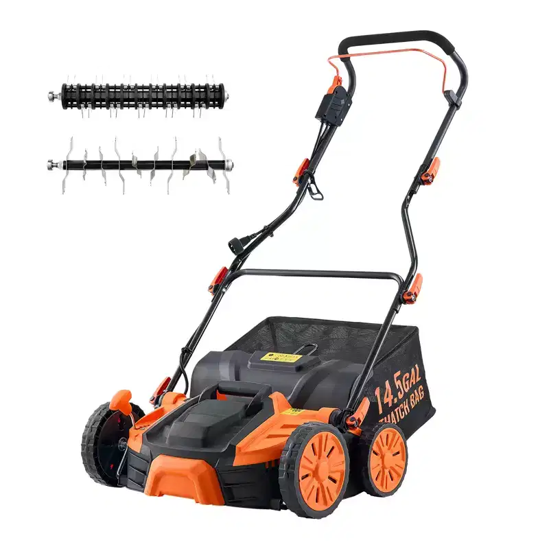 VEVOR 2-in-1 Electric Dethatcher and Scarifier, 16-Inch 15 Amp, with 14.5-Gallon Thatch Collection Bag, 5-Position Depth Adjustment, Orange&Black