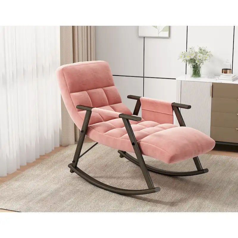 Casual Folding Rocking Chair,Lounge Rocking Chair Adjustable High Back and Foot Rest,Side Pockets Placed in Living Room Bedroom