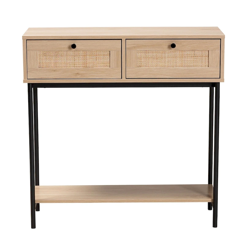 Sherwin Mid-Century Modern Light Brown and Black 2-Drawer Console Table with Woven Rattan Accent