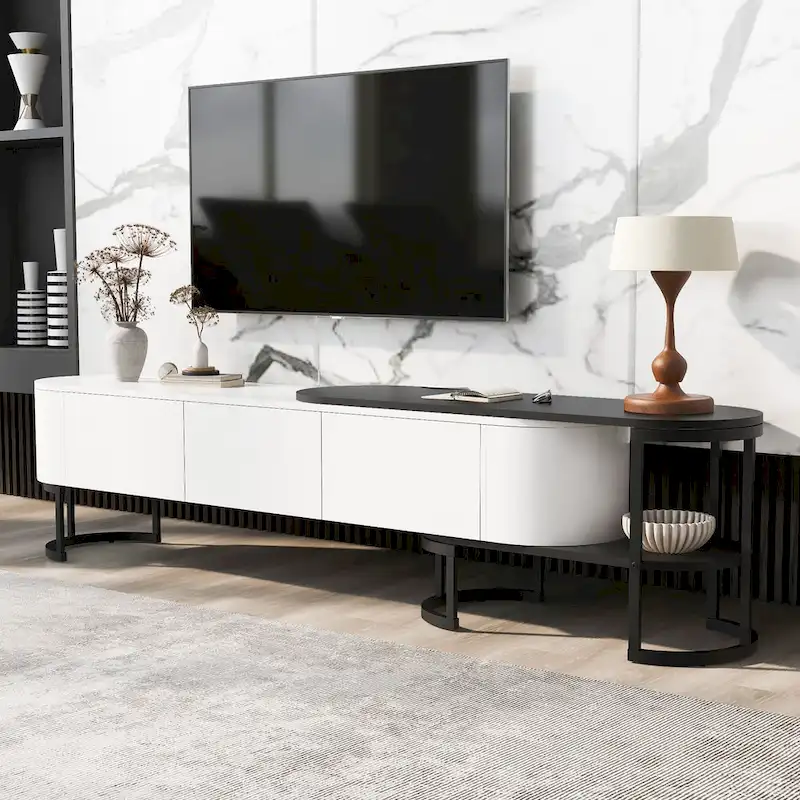 TV Stand with 3 Drawers, Adjustable Width, and Metal Legs for TVs up to 75 Inches