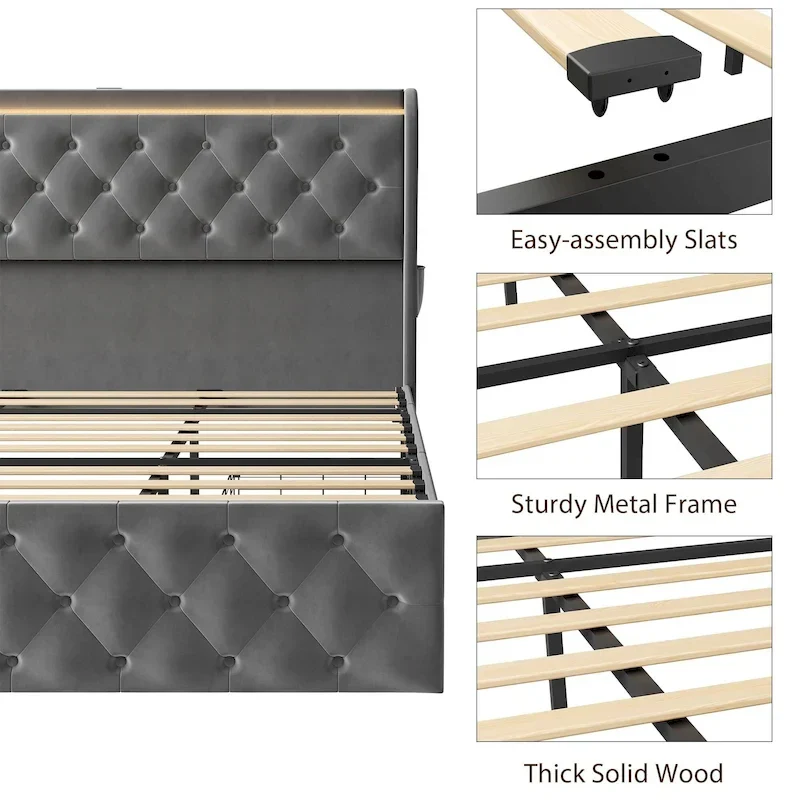 Velvet Upholstered Bed Frame with Wingback Headboard