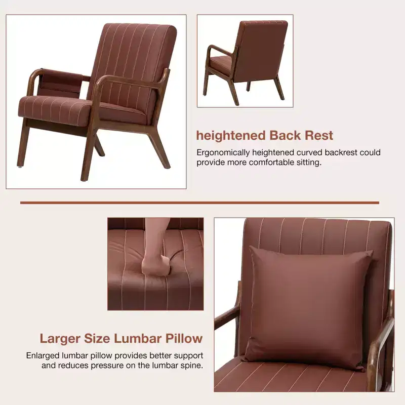 Hommpa Mid-century Accent Chair Ergonomic Leather Armchair with Wood Frame & Lumbar Pillow Brown
