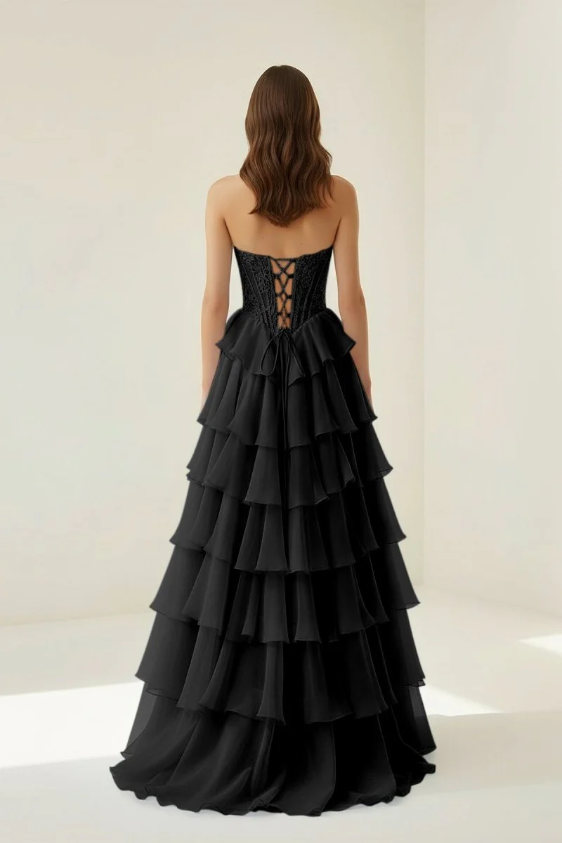 Black - Strapless A Line Chiffon Ruffled Prom Dresses With Appliques
